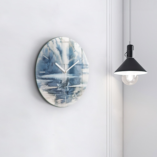 Round glass clock Fisherman on the lake