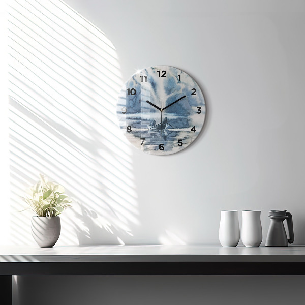 Round glass clock Fisherman on the lake