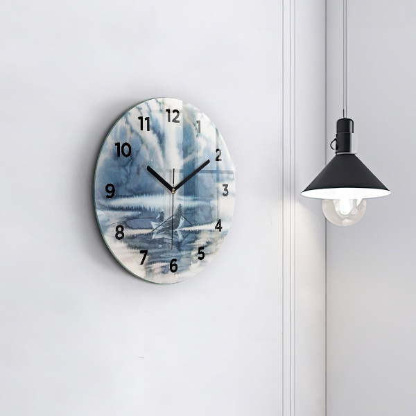 Round glass clock Fisherman on the lake