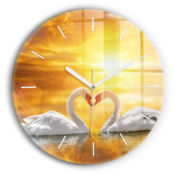 Round glass clock Swans in Love