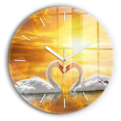 Round glass clock Swans in Love