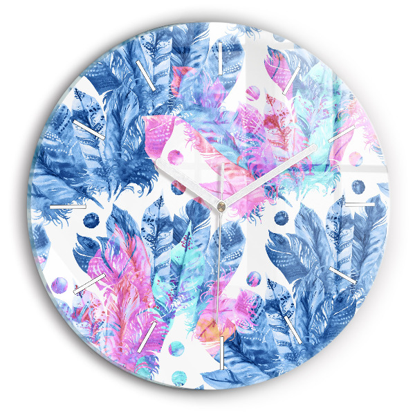 Round glass clock Colorful feathers