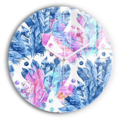 Round glass clock Colorful feathers