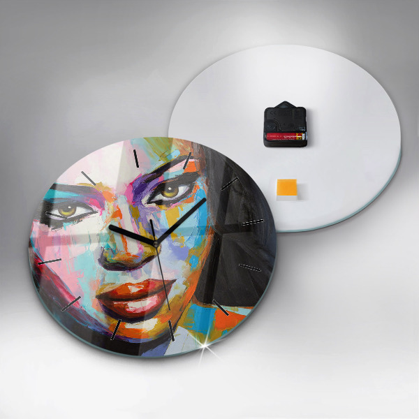 Round glass clock 'Colorful woman''s face'