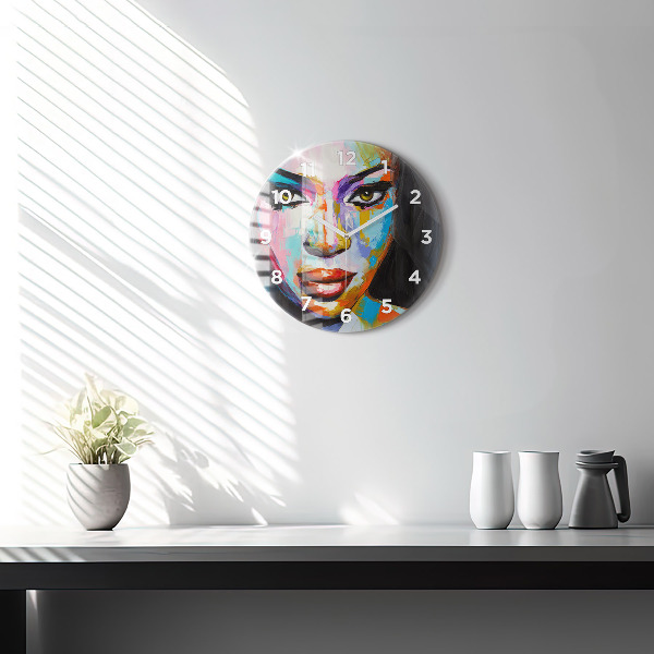 Round glass clock 'Colorful woman''s face'
