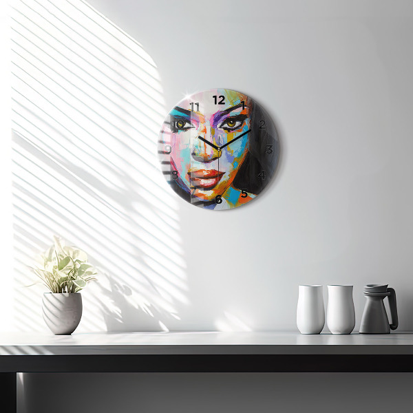Round glass clock 'Colorful woman''s face'