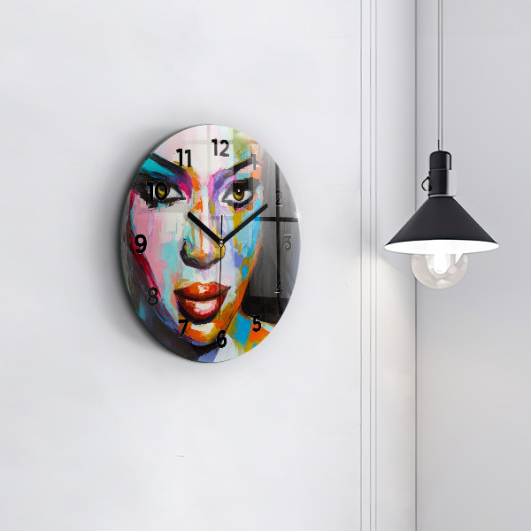 Round glass clock 'Colorful woman''s face'