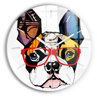 Round glass clock French bulldog with glasses