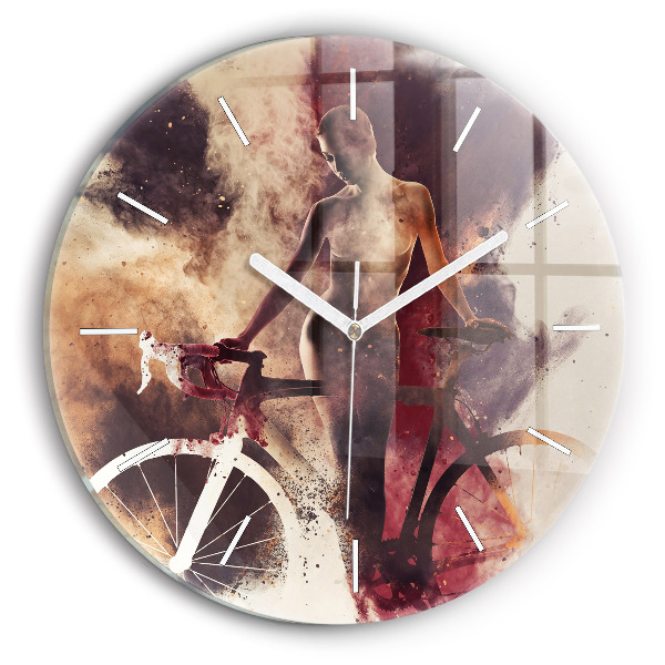 Round glass clock Woman and bike