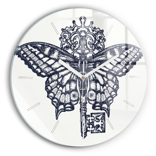 Round glass clock Butterfly and key - boho style