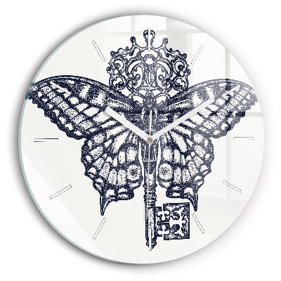 Round glass clock Butterfly and key - boho style