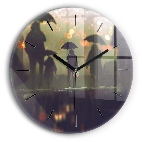 Round glass clock People with umbrellas