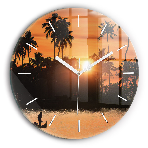 Round glass clock Sunset and palm trees