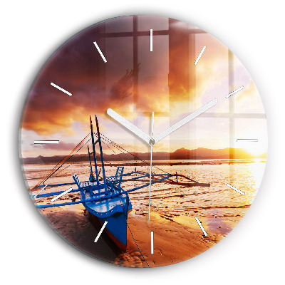 Round glass clock Boat and sunset