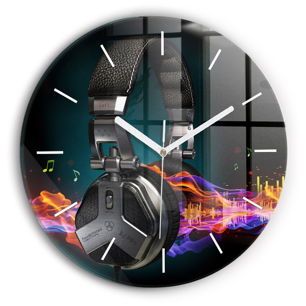Round glass clock Headphones and sound waves