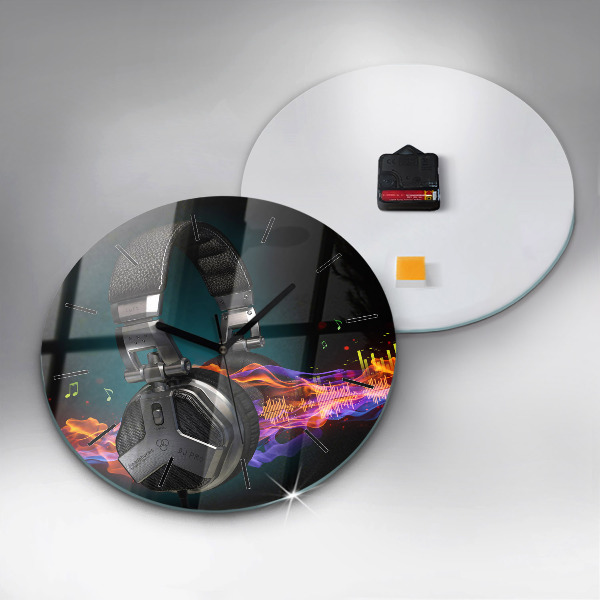 Round glass clock Headphones and sound waves