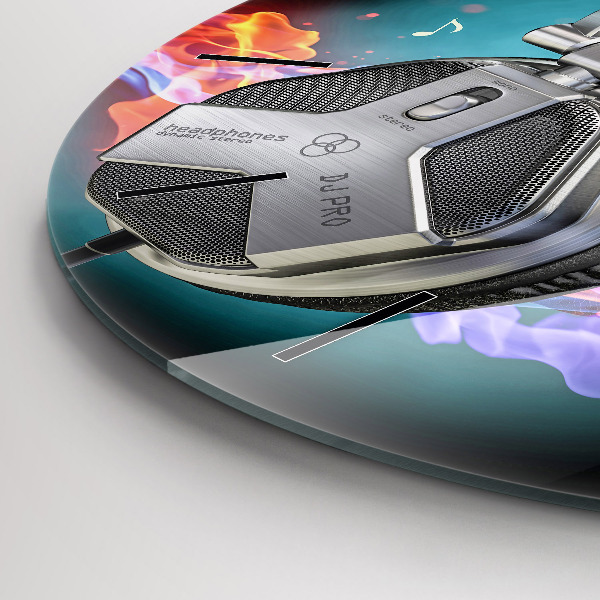 Round glass clock Headphones and sound waves