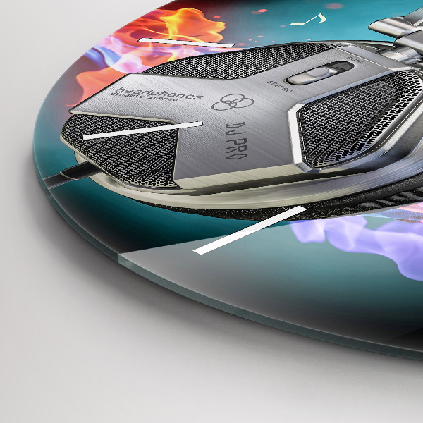 Round glass clock Headphones and sound waves