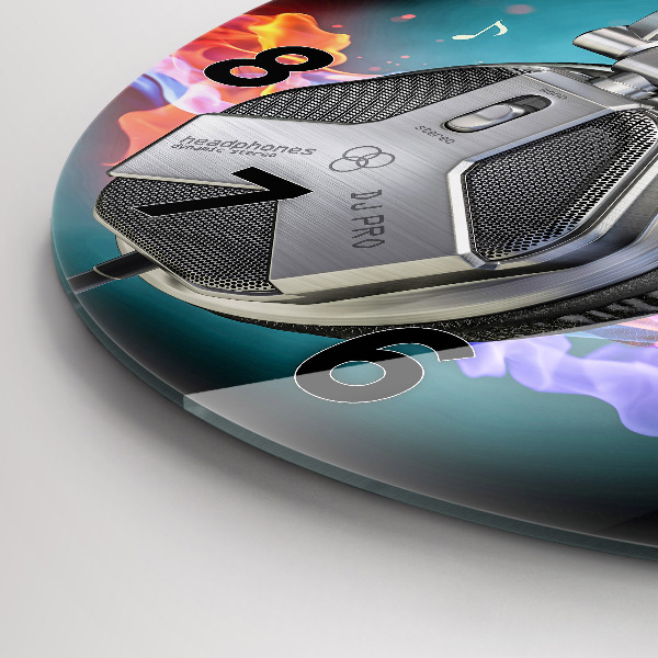 Round glass clock Headphones and sound waves
