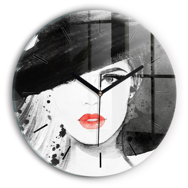 Round glass clock Woman in a hat