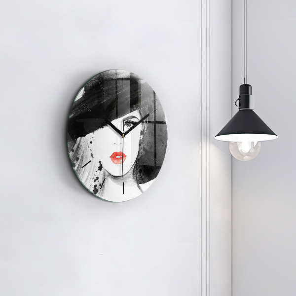Round glass clock Woman in a hat