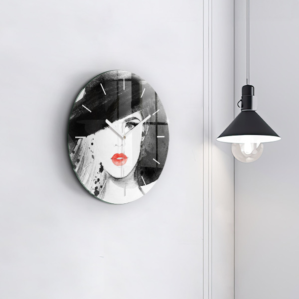 Round glass clock Woman in a hat