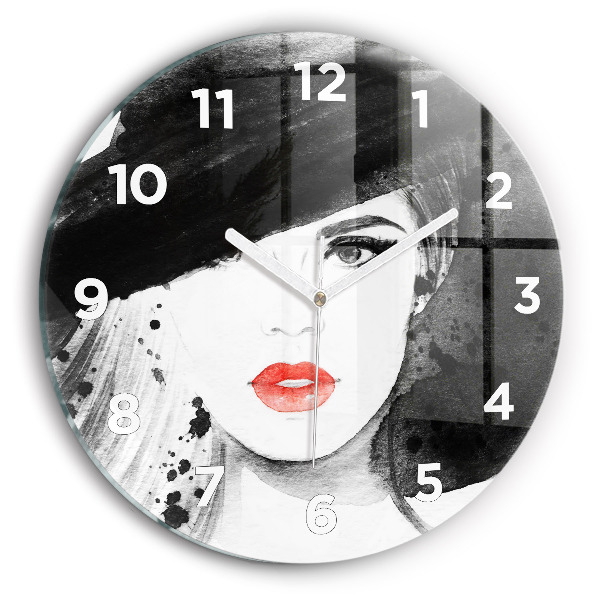 Round glass clock Woman in a hat