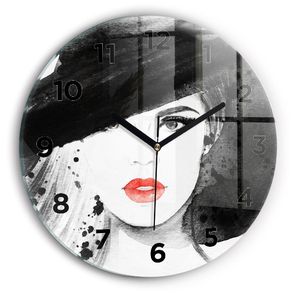 Round glass clock Woman in a hat