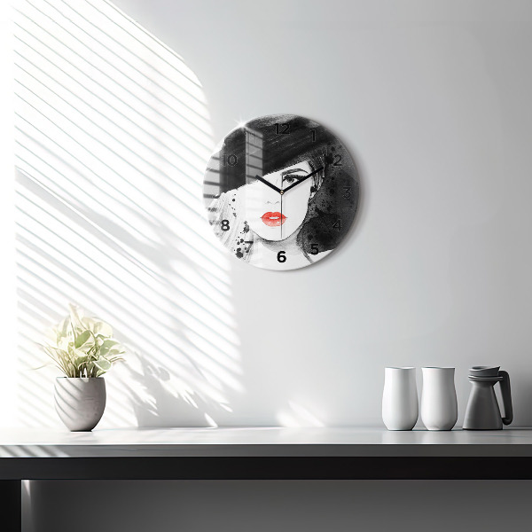 Round glass clock Woman in a hat