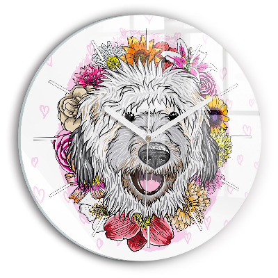 Round glass clock Happy dog in flowers