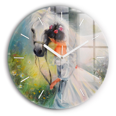 Round glass clock Beautiful woman with a horse