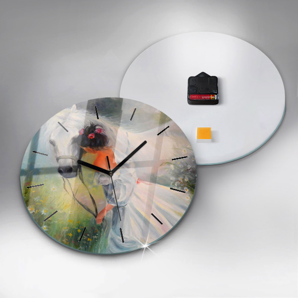 Round glass clock Beautiful woman with a horse