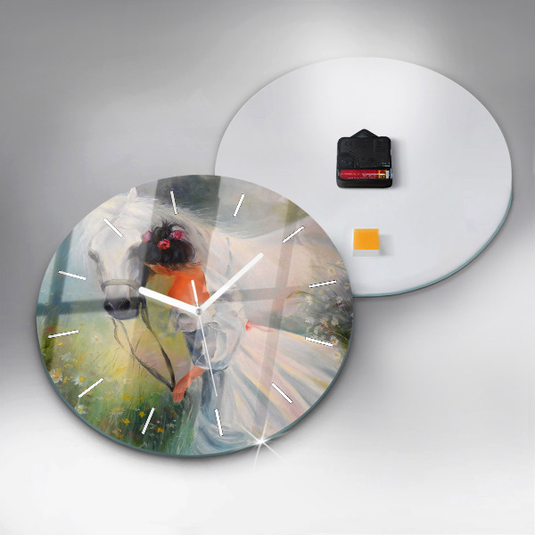Round glass clock Beautiful woman with a horse