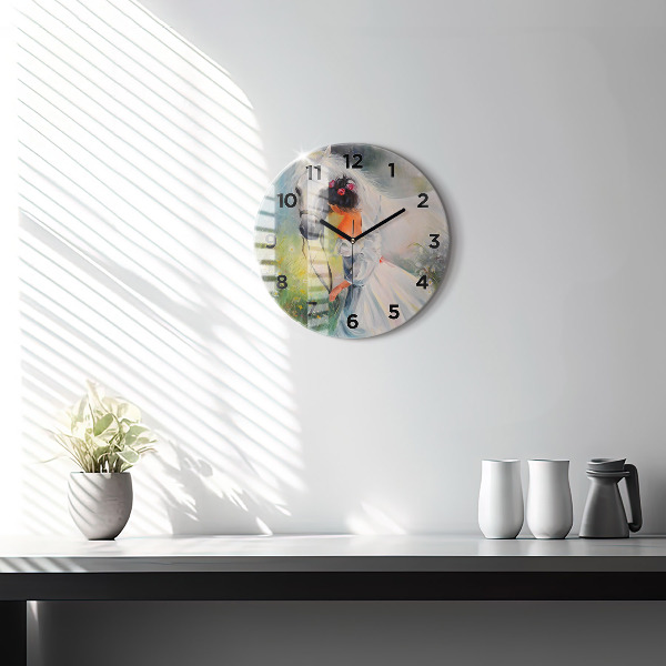 Round glass clock Beautiful woman with a horse