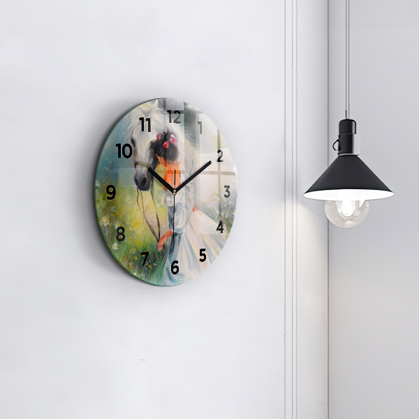 Round glass clock Beautiful woman with a horse