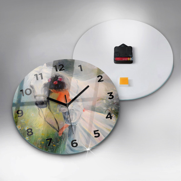 Round glass clock Beautiful woman with a horse