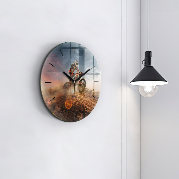 Round glass clock Man on a motorcycle