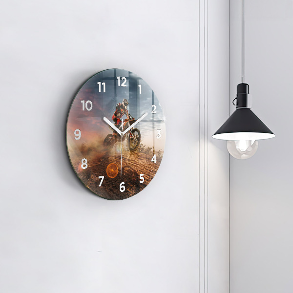 Round glass clock Man on a motorcycle