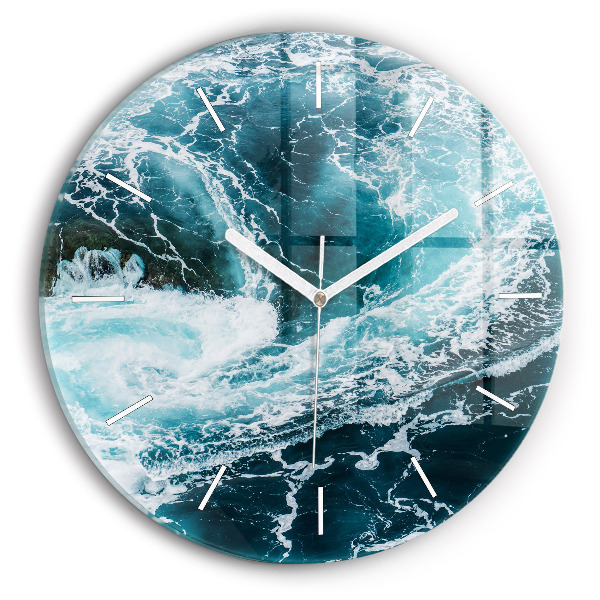 Round glass clock Swirling foamy waves