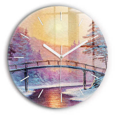 Round glass clock Christmas tree and bridge