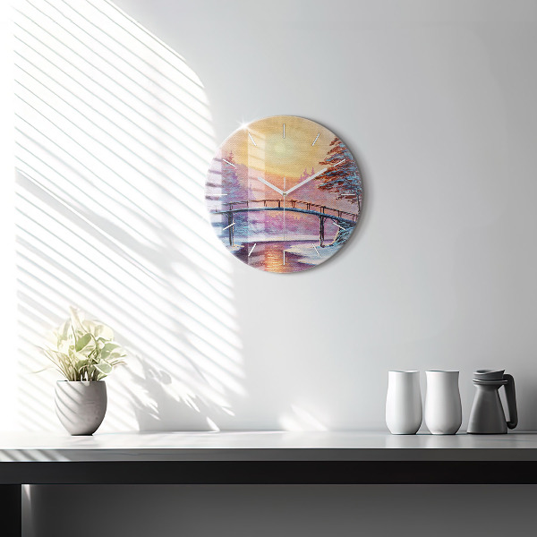 Round glass clock Christmas tree and bridge