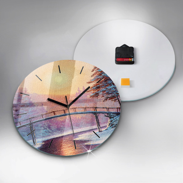 Round glass clock Christmas tree and bridge