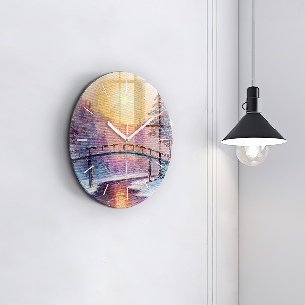 Round glass clock Christmas tree and bridge