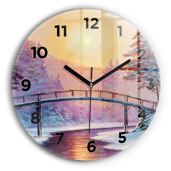 Round glass clock Christmas tree and bridge