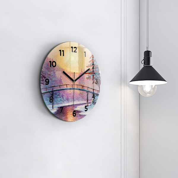 Round glass clock Christmas tree and bridge