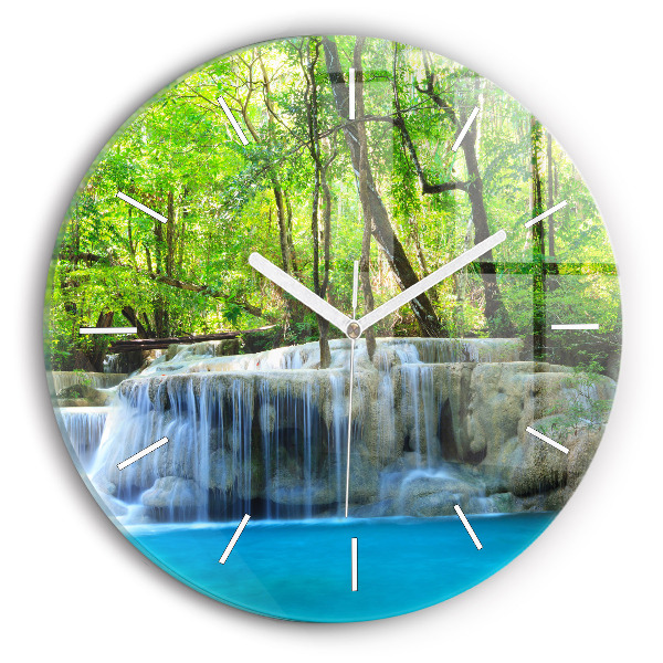 Round glass clock Waterfall in the forest