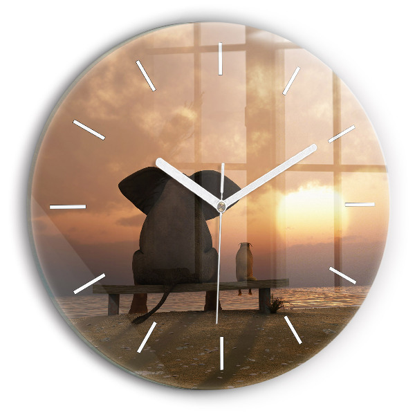 Round glass clock Animals and sunset