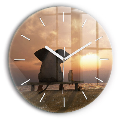 Round glass clock Animals and sunset