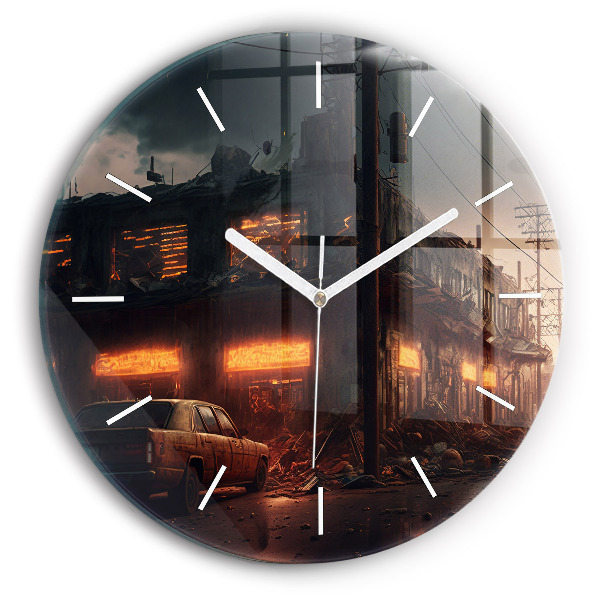 Round glass clock Apocalyptic building