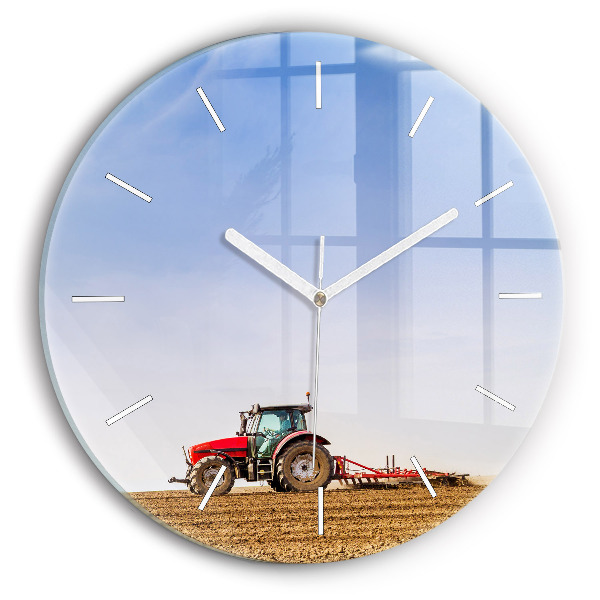 Round glass clock Farmer on a tractor